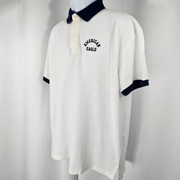 American Eagle Men's White & Navy Super Soft Short Sleeve Polo Shirt Size L - Picture 5 of 12